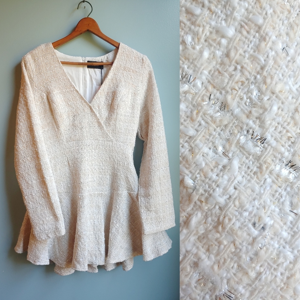 Cider Tweed Mini Dress V-neck Long Sleeve Sparkly Winter Holiday Flare Small